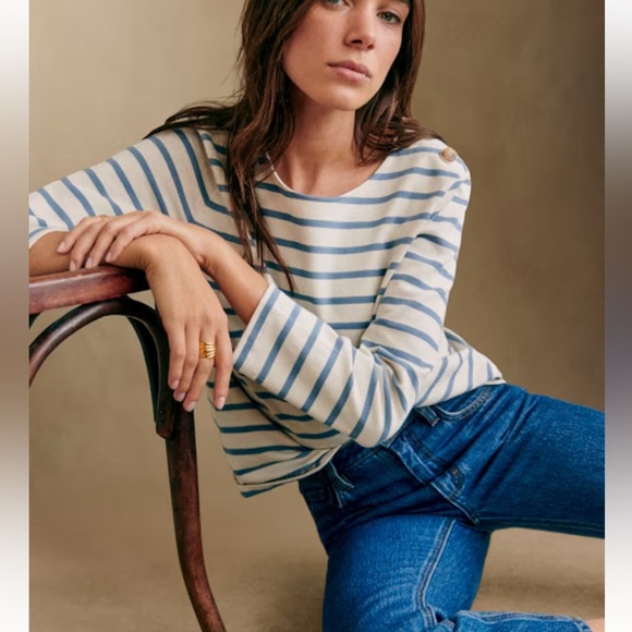 Sezane Colette Mariniere Long-Sleeved in Vintage Blue and Ecru Organic Cotton - Picture 3 of 6